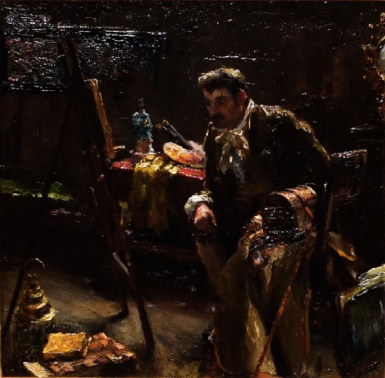 Fred Bogaerts | Schilder in zijn atelier, olieverf op paneel, 25,5 x 26,0 cm, gesigneerd m.o.