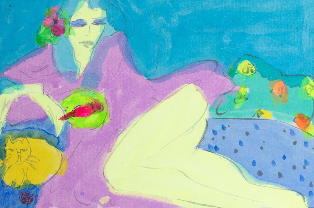 Ting W.  | Walasse Ting | Aquarellen en tekeningen te koop aangeboden | Zonder titel, inkt op papier 15,5 x 23,5 cm, gesigneerd linksonder met stempel