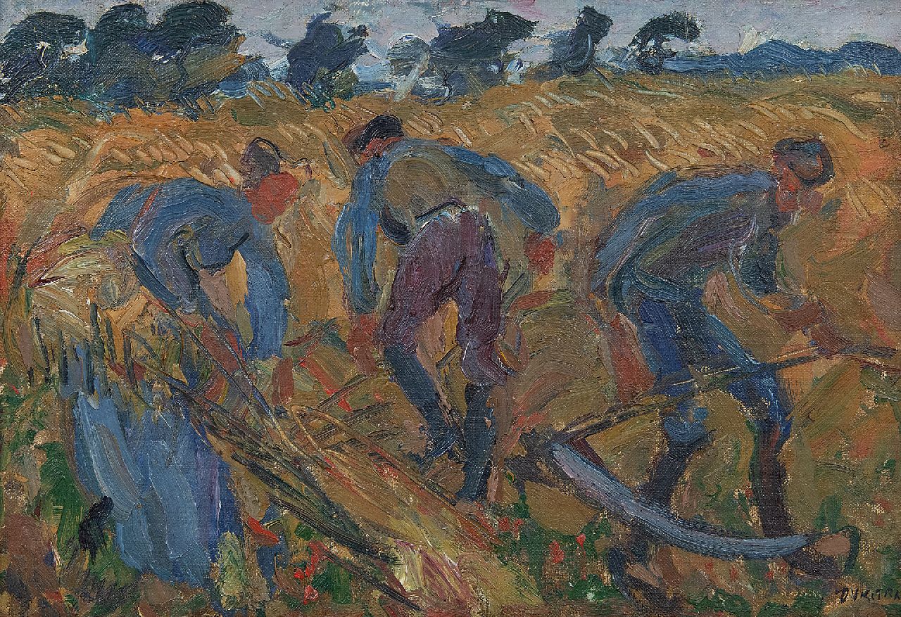 Dijkstra J.  | Johannes 'Johan' Dijkstra | Schilderijen te koop aangeboden | Maaiende landarbeiders, Groningen, olieverf op doek op paneel 21,5 x 30,2 cm, gesigneerd rechtsonder en te dateren midden jaren 20
