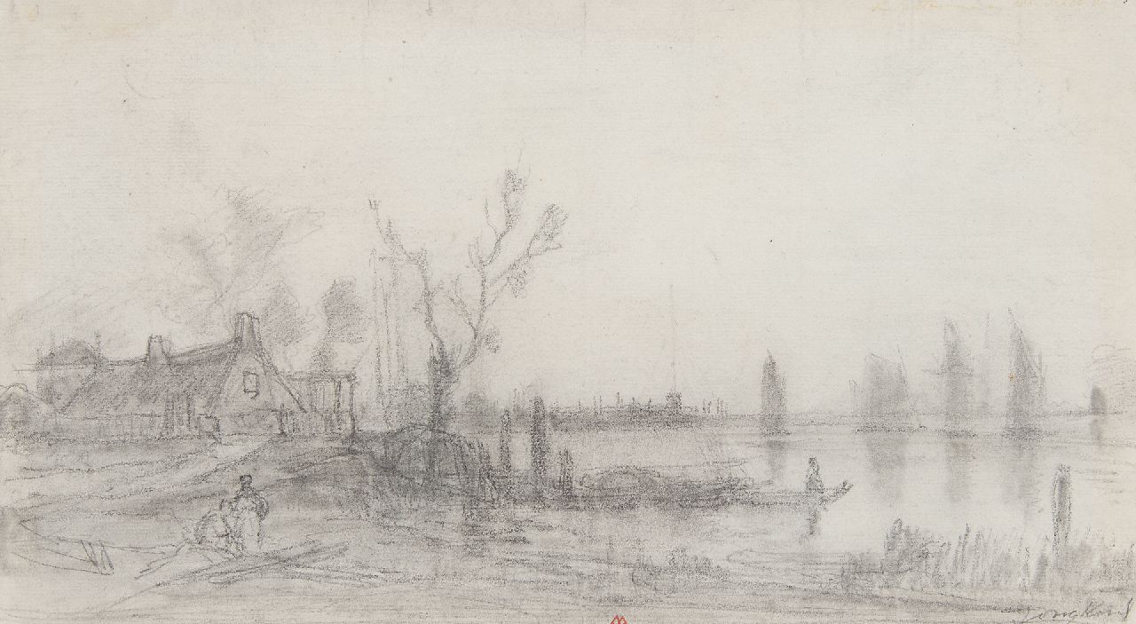 Jongkind J.B.  | Johan Barthold Jongkind, Riviergezicht; verso: Dorpsgezicht, potlood op papier 17,5 x 30,5 cm, gesigneerd rechtsonder