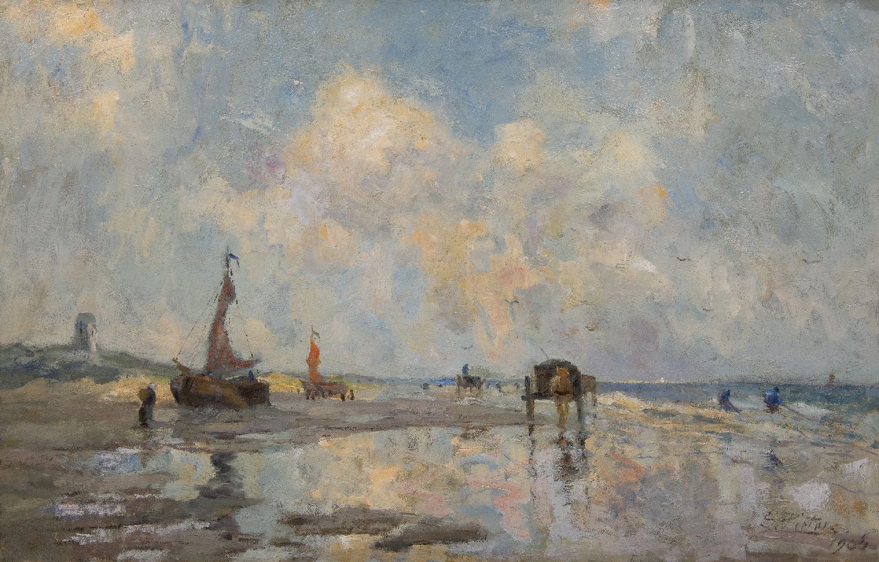 Pieters E.  | Evert Pieters, Strand bij Katwijk met bomschuiten en schelpenvissers, olieverf op doek 85,5 x 130,2 cm, gesigneerd rechtsonder en gedateerd 1906
