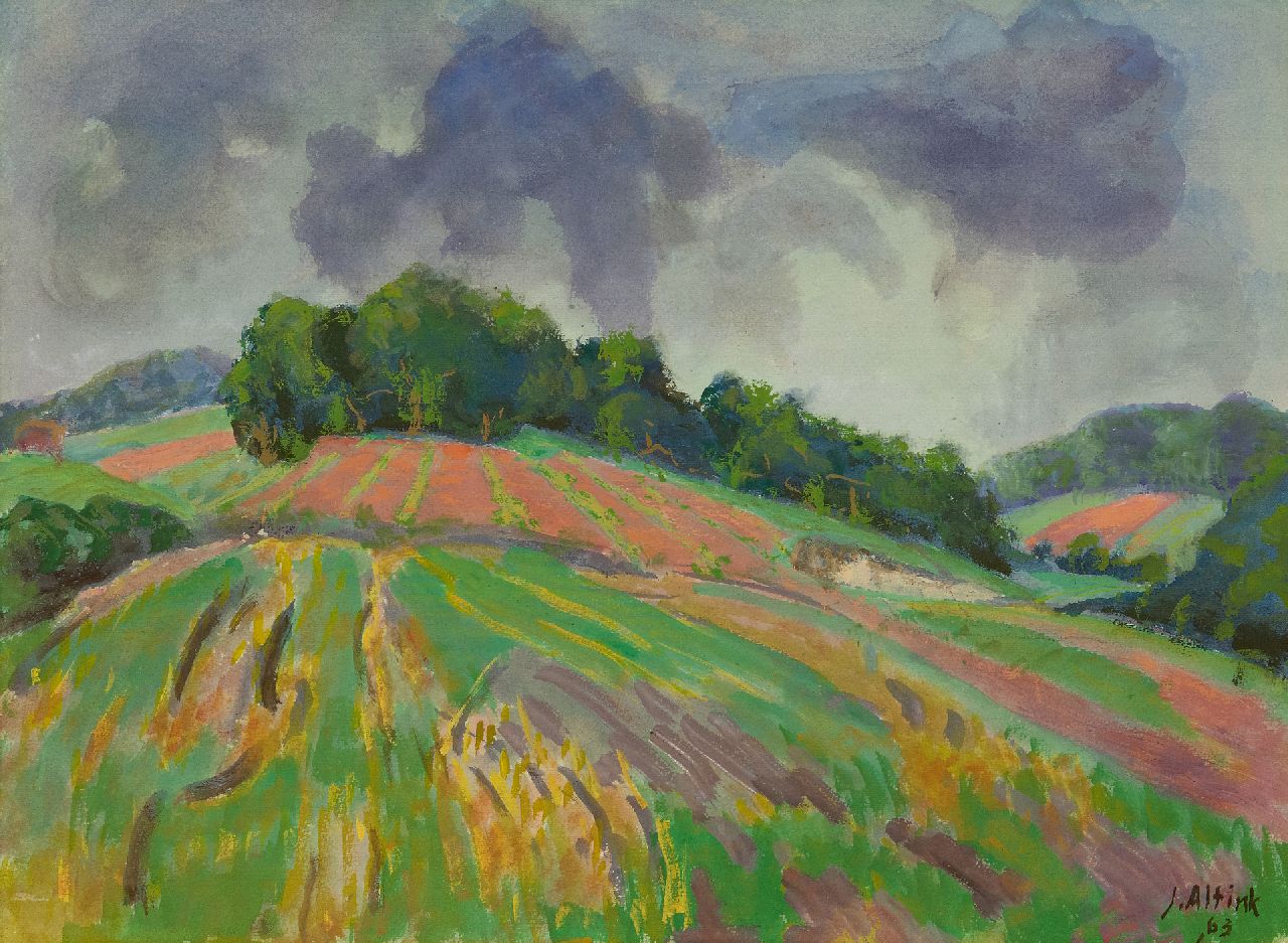 Altink J.  | Jan Altink | Aquarellen en tekeningen te koop aangeboden | Glooiend akkerlandschap, aquarel en gouache op papier 56,0 x 75,8 cm, gesigneerd rechtsonder en gedateerd '63
