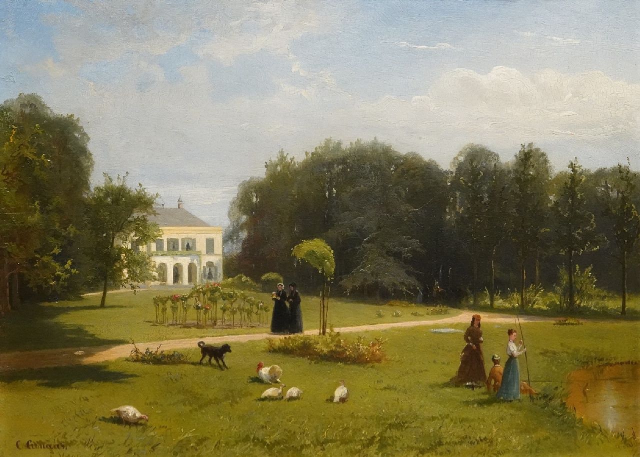 Cunaeus C.  | Conradijn Cunaeus | Schilderijen te koop aangeboden | Buitenplaats met elegante dames in de tuin, olieverf op paneel 26,0 x 35,0 cm, gesigneerd linksonder en privé