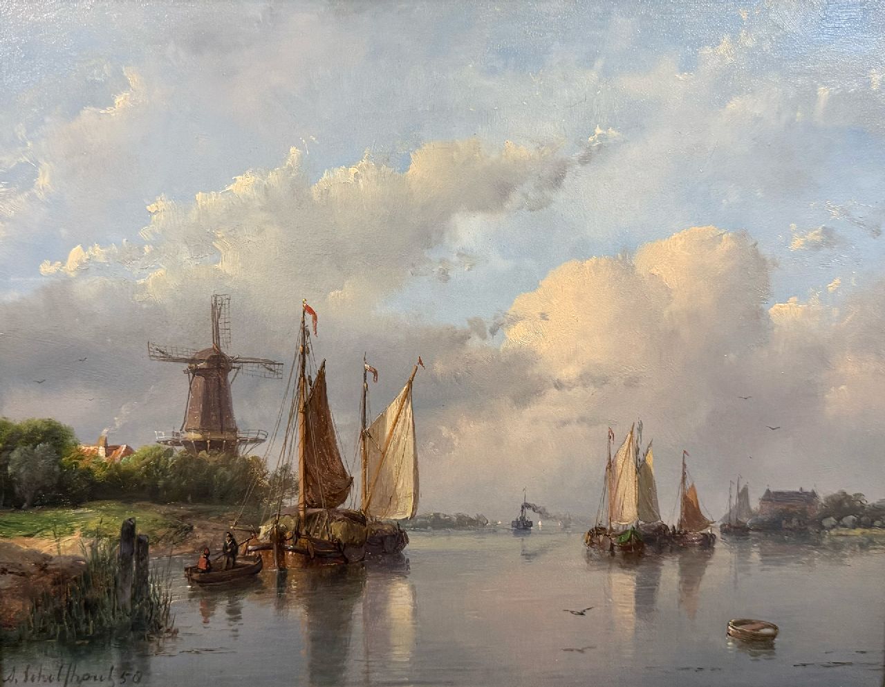 Schelfhout A.  | Andreas Schelfhout | Schilderijen te koop aangeboden | Zomers riviergezicht met zeilschepen, een stoomschip in de verte, olieverf op paneel 22,0 x 29,0 cm, gesigneerd linksonder en gedateerd '58