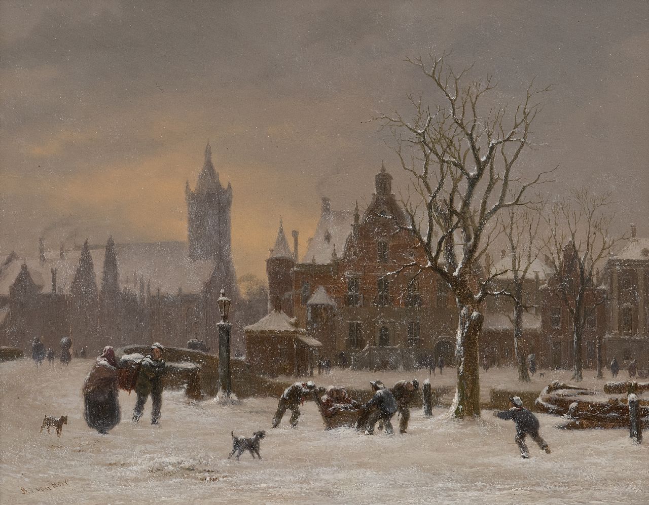 Hove B.J. van | Bartholomeus Johannes 'Bart' van Hove | Schilderijen te koop aangeboden | Winters stadsgezicht met de Oude Kerk in Delft, olieverf op paneel 24,7 x 31,5 cm, gesigneerd linksonder