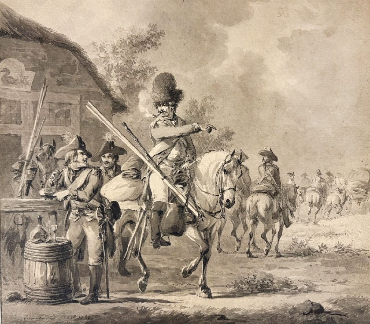 Dirk Langendijk | Herberg met rustende soldaten, tekening op papier, 19,5 x 22,3 cm, gesigneerd l.o. Dirk Langendijk | Herberg met rustende soldaten, tekening op papier, 19,5 x 22,3 cm, gesigneerd l.o.
