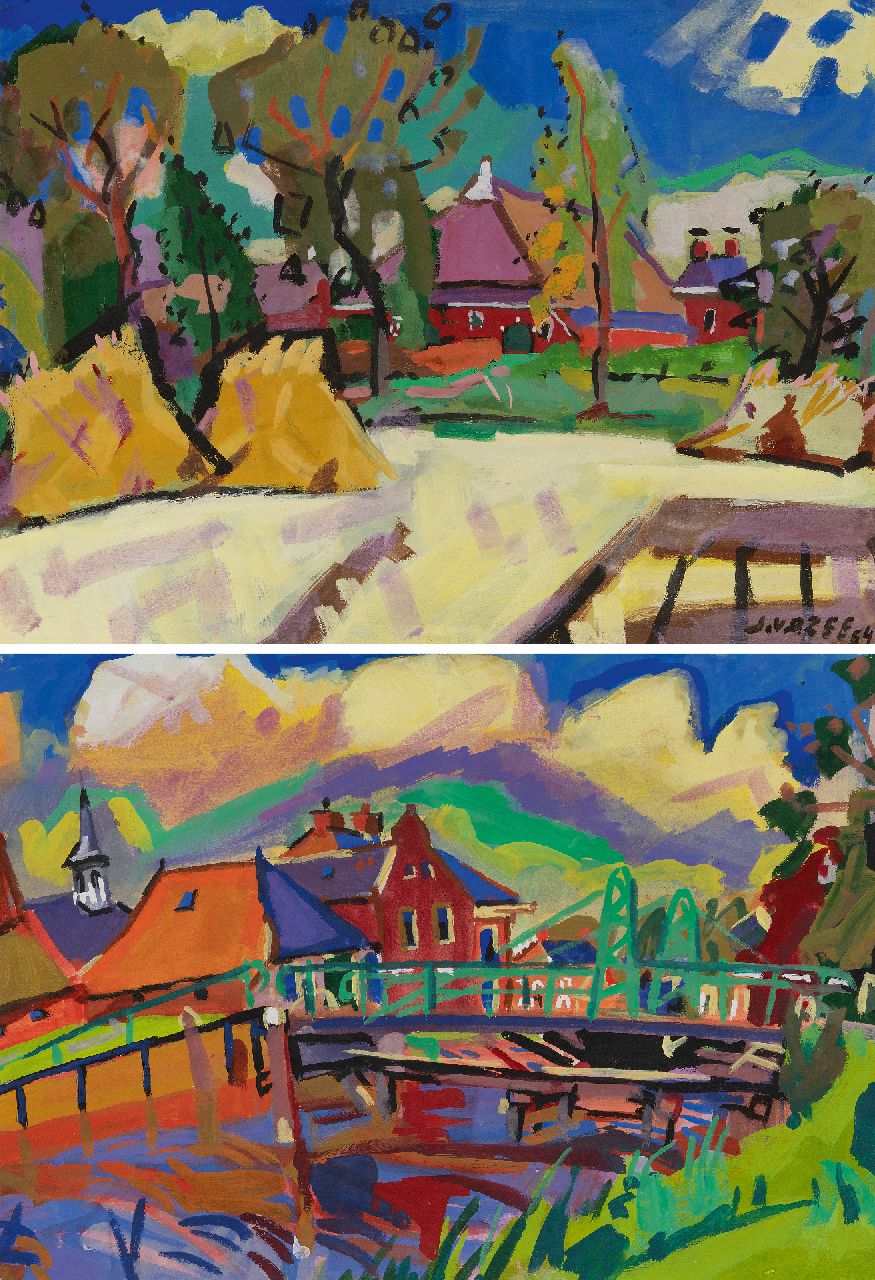 Zee J. van der | Jan van der Zee | Aquarellen en tekeningen te koop aangeboden | Boerenerf; verso: Dorpsgezicht met draaibrug, gouache op papier 54,5 x 75,3 cm, gesigneerd rechtsonder en gedateerd '54