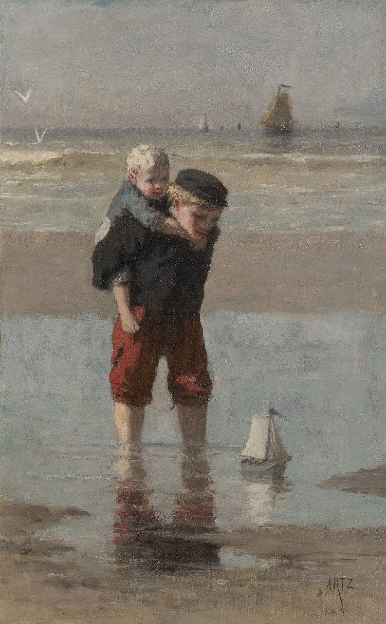 Artz D.A.C. | David Adolphe Constant Artz | Schilderijen te koop aangeboden | Spelende visserskinderen op het strand, olieverf op doek 43,1 x 27,0 cm, gesigneerd rechtsonder Artz D.A.C. | David Adolphe Constant Artz | Schilderijen te koop aangeboden | Spelende visserskinderen op het strand, olieverf op doek 43,1 x 27,0 cm, gesigneerd rechtsonder