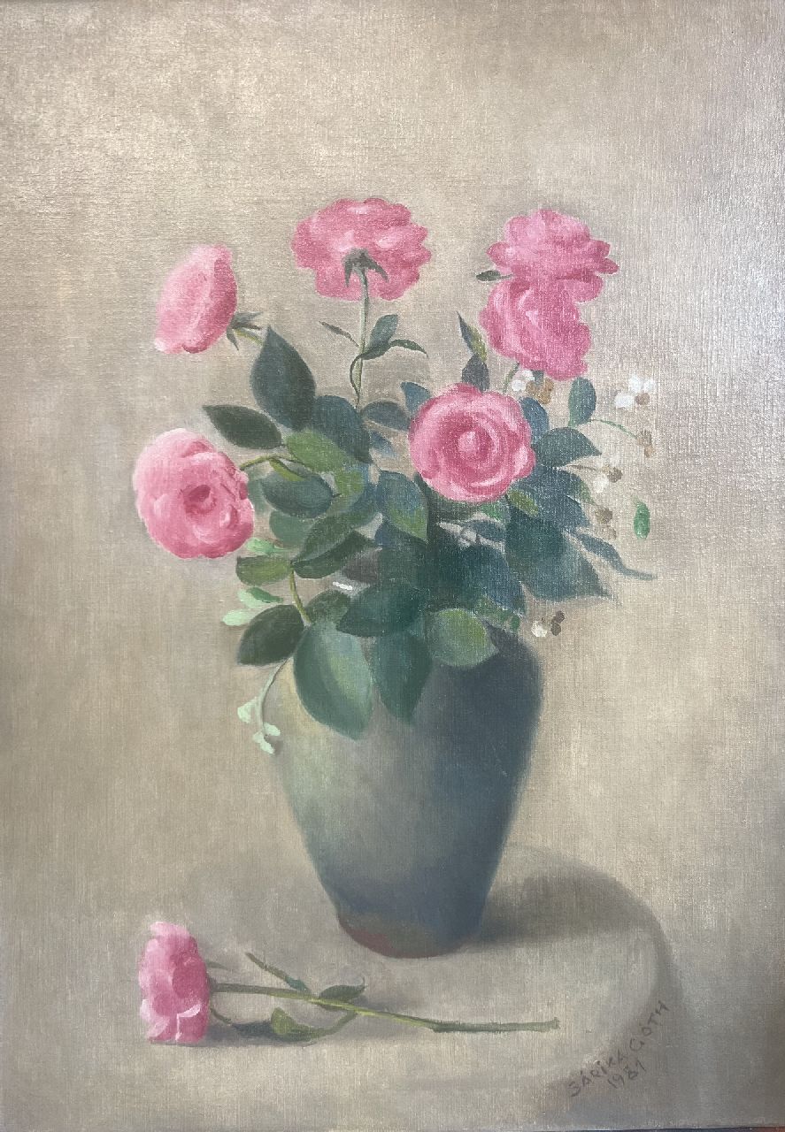 Góth C. | Charlotte 'Sarika' Góth | Schilderijen te koop aangeboden | Vaas met roze rozen, olieverf op doek 50,4 x 35,7 cm, gesigneerd linksonder en gedateerd 1981 Góth C. | Charlotte 'Sarika' Góth | Schilderijen te koop aangeboden | Vaas met roze rozen, olieverf op doek 50,4 x 35,7 cm, gesigneerd linksonder en gedateerd 1981