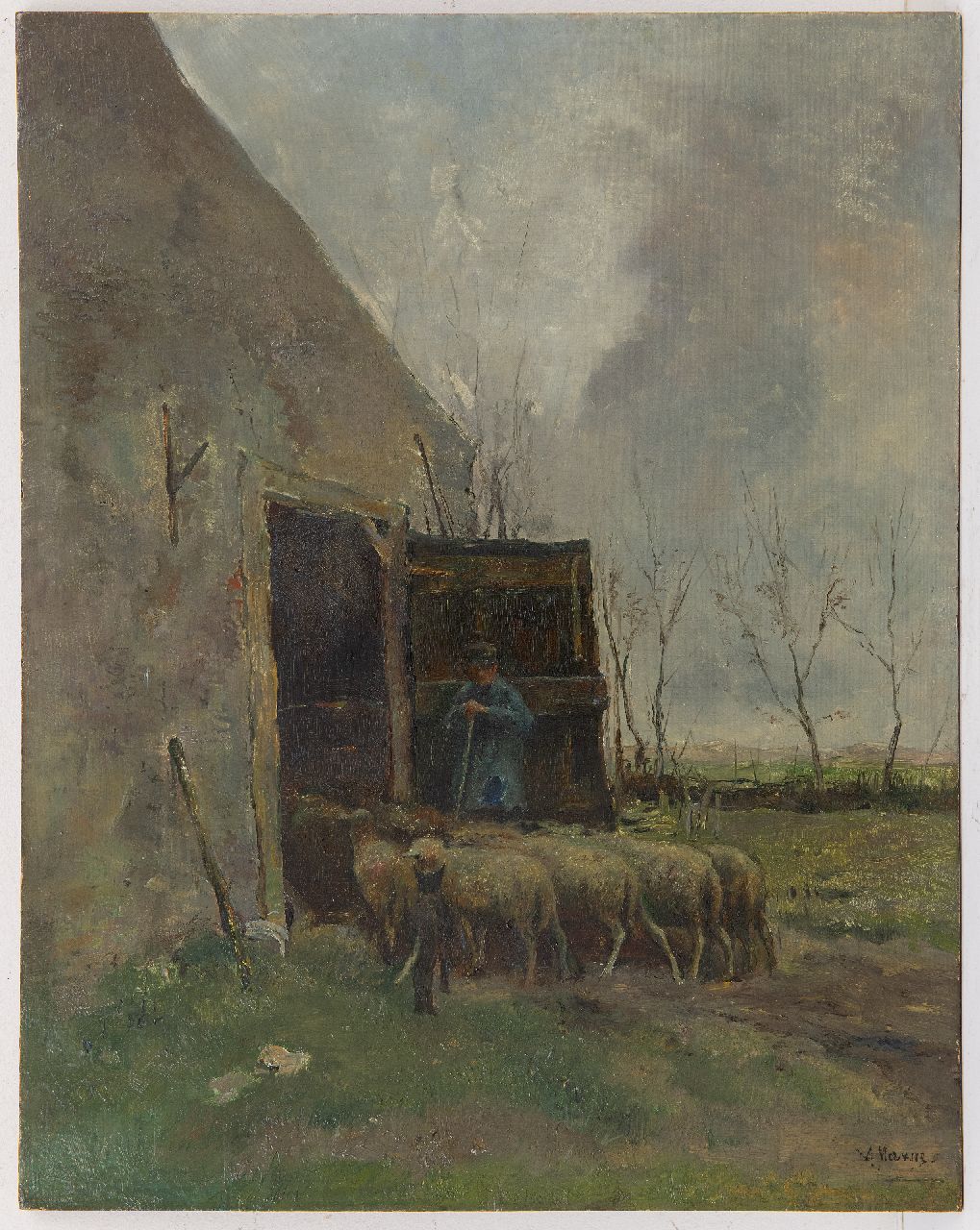 Mauve A.  | Anthonij 'Anton' Mauve, Schapen en herder bij de schuur, olieverf op paneel 46,1 x 36,2 cm, gesigneerd rechtsonder