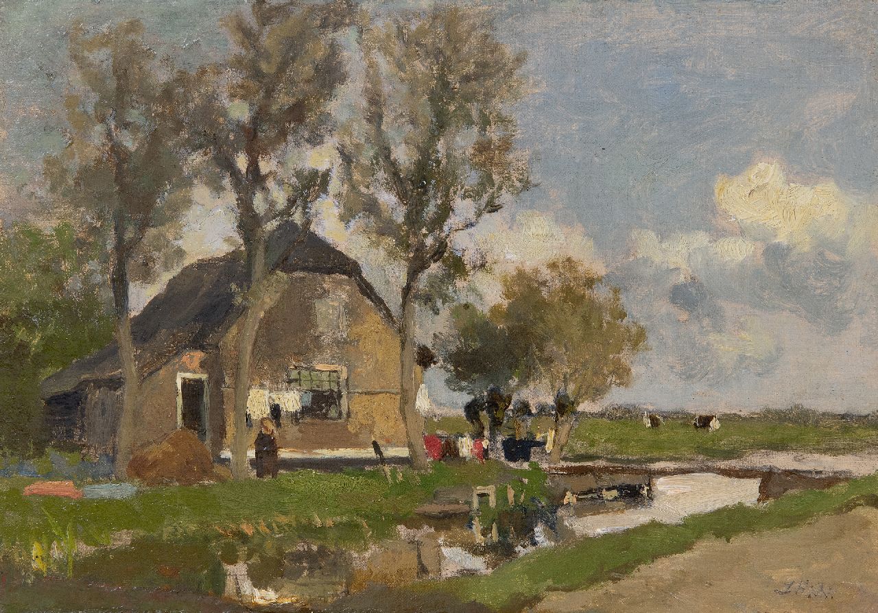 Weissenbruch H.J. | Hendrik Johannes 'J.H.' Weissenbruch | Schilderijen te koop aangeboden | Ophangen van de was, olieverf op paneel 22,7 x 32,1 cm, gesigneerd rechtsonder met initialen en te dateren ca. 1990-1900 Weissenbruch H.J. | Hendrik Johannes 'J.H.' Weissenbruch | Schilderijen te koop aangeboden | Ophangen van de was, olieverf op paneel 22,7 x 32,1 cm, gesigneerd rechtsonder met initialen en te dateren ca. 1990-1900