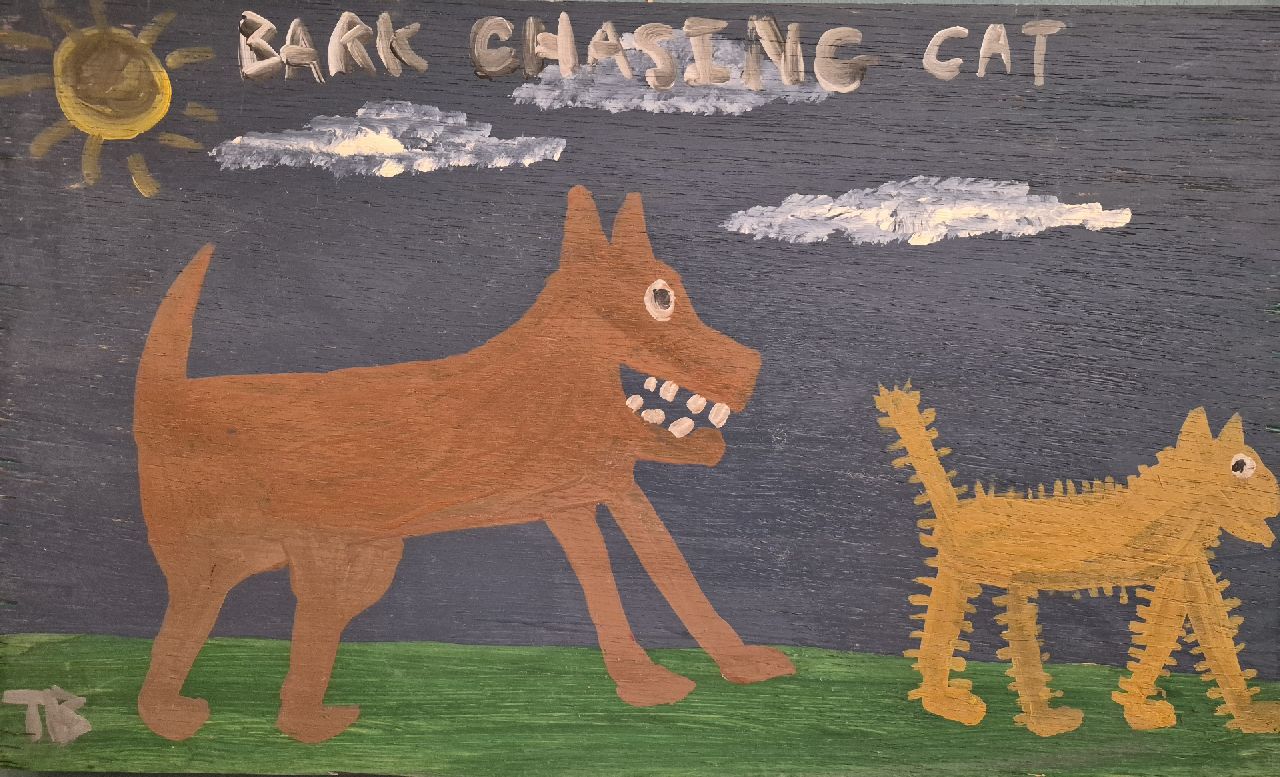 Brown T. | Timothy 'Tim' Brown | Schilderijen te koop aangeboden | Bark chasing cat, olieverf op paneel 30,2 x 50,3 cm, gesigneerd linksonder met initialen Brown T. | Timothy 'Tim' Brown | Schilderijen te koop aangeboden | Bark chasing cat, olieverf op paneel 30,2 x 50,3 cm, gesigneerd linksonder met initialen