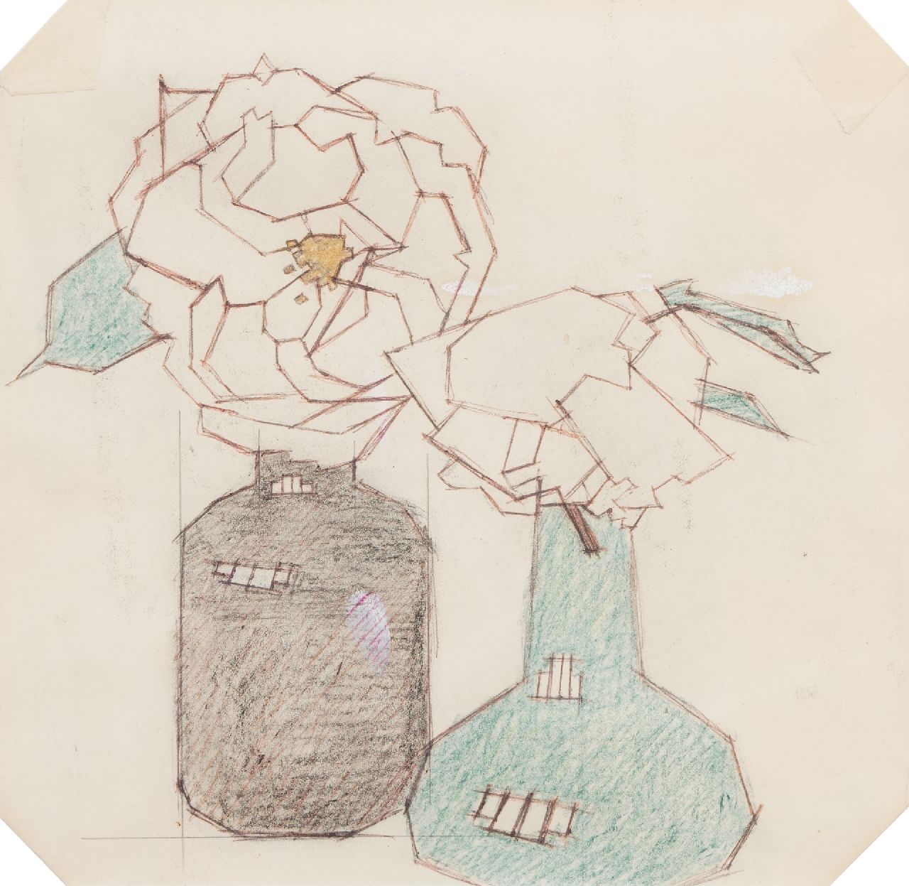 Valk H.J.  | 'Hendrik' Jacobus Valk | Aquarellen en tekeningen te koop aangeboden | Rozen in flessen, kleurpotlood en krijt op papier 22,5 x 23,0 cm