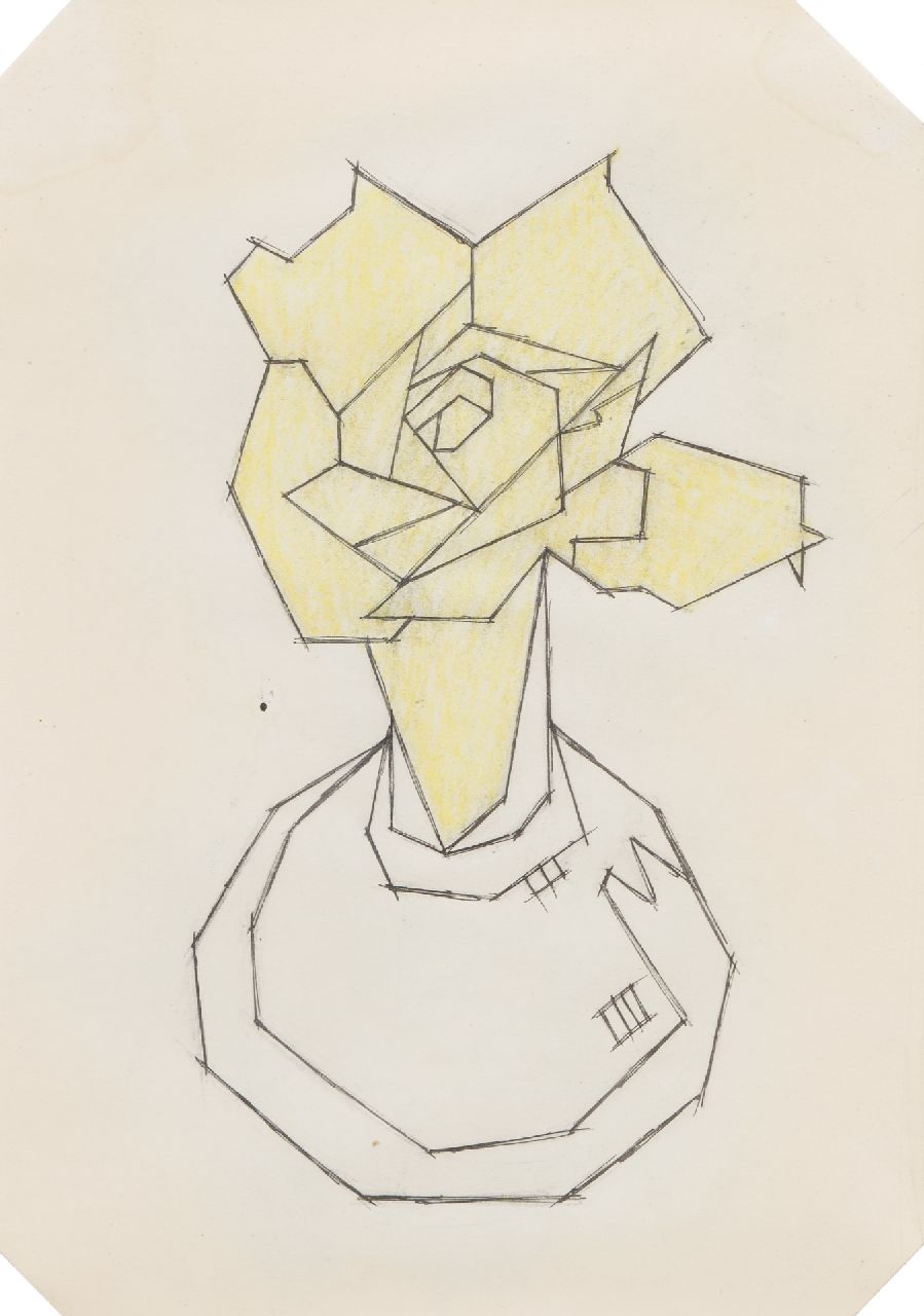 Hendrik Valk | Roos in een fles, kleurpotlood en krijt op papier, 22,5 x 23,0 cm