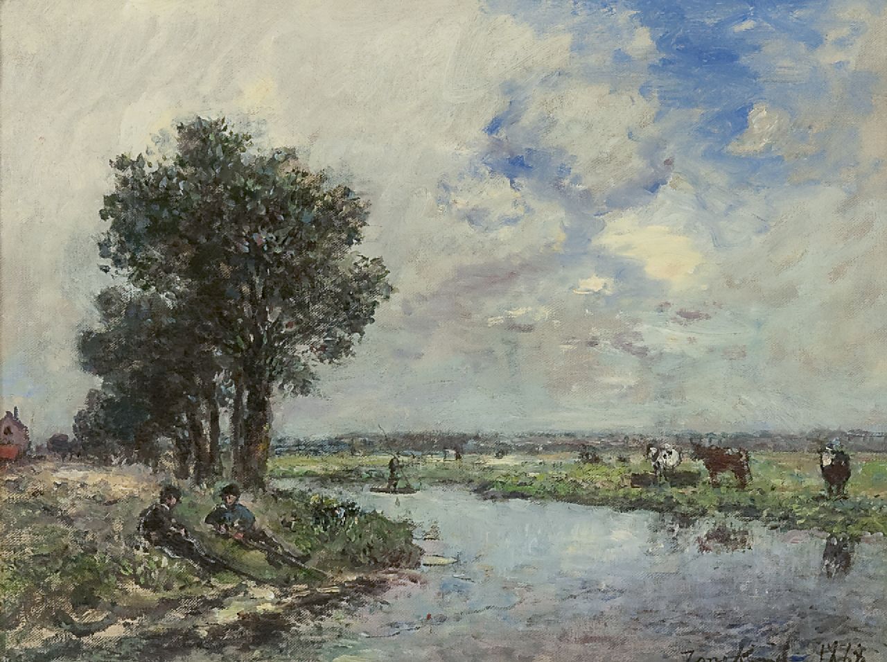 Jongkind J.B.  | Johan Barthold Jongkind | Schilderijen te koop aangeboden | Langs de rivier, mogelijk de Dinkel nabij Lattrop, olieverf op doek 24,6 x 32,5 cm, gesigneerd rechtsonder en gedateerd 1868