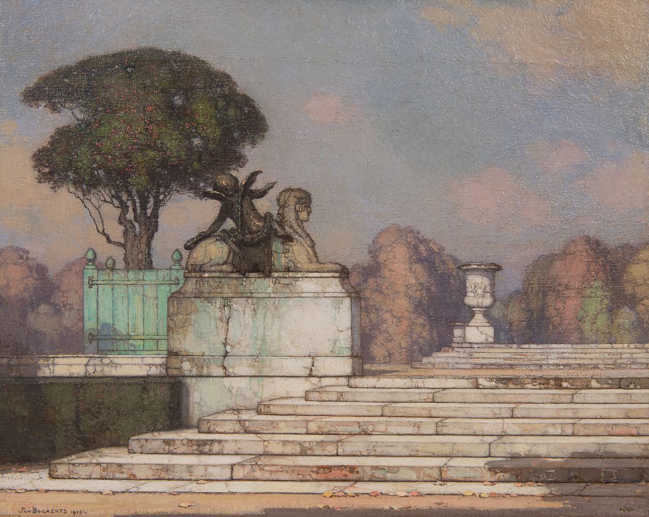 Bogaerts J.J.M.  | Johannes Jacobus Maria 'Jan' Bogaerts, Het beeld van een sfinx en Cupido in het park van Versailles, olieverf op doek 32,5 x 39,7 cm, gesigneerd linksonder en gedateerd 1915