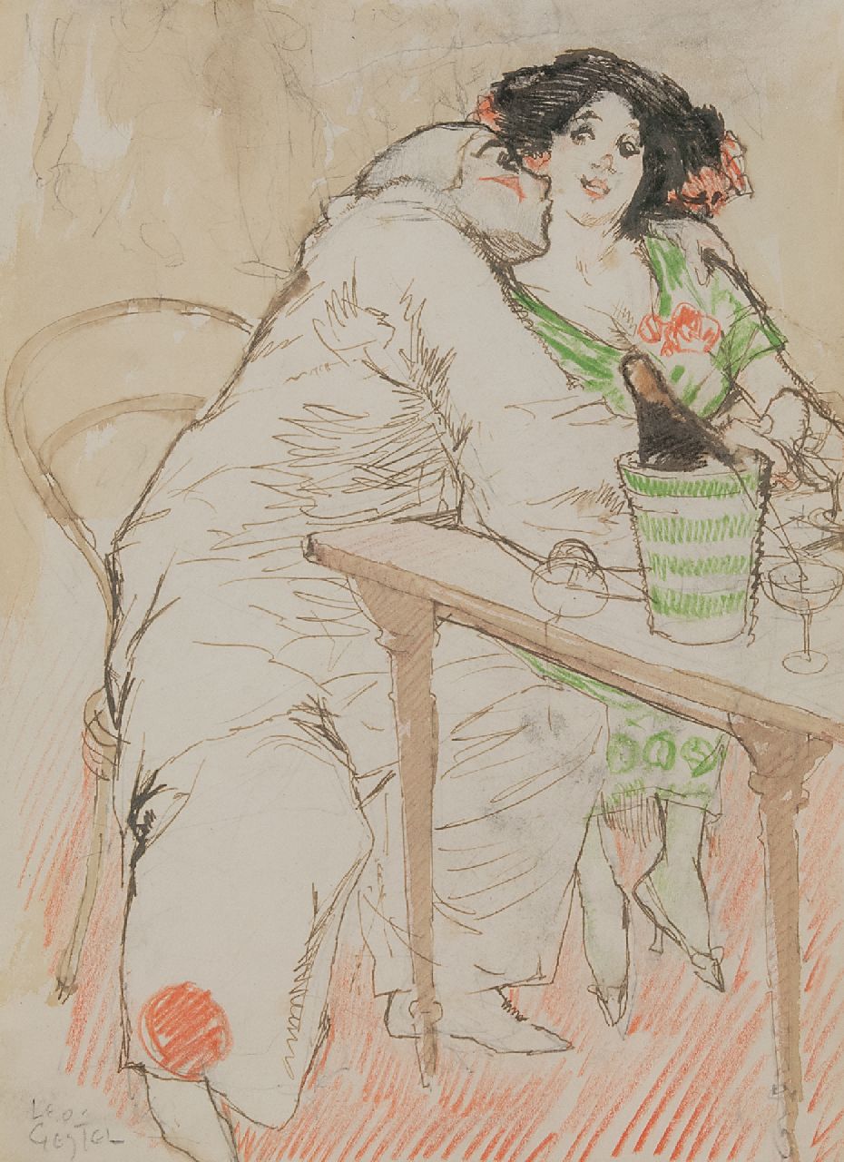 Gestel L. | Leendert 'Leo' Gestel | te koop aangeboden | Caféscène met een pierrot, potlood, inkt en krijt op papier 30,0 x 22,0 cm, gesigneerd linksonder en te dateren ca. 1908 Gestel L. | Leendert 'Leo' Gestel | te koop aangeboden | Caféscène met een pierrot, potlood, inkt en krijt op papier 30,0 x 22,0 cm, gesigneerd linksonder en te dateren ca. 1908