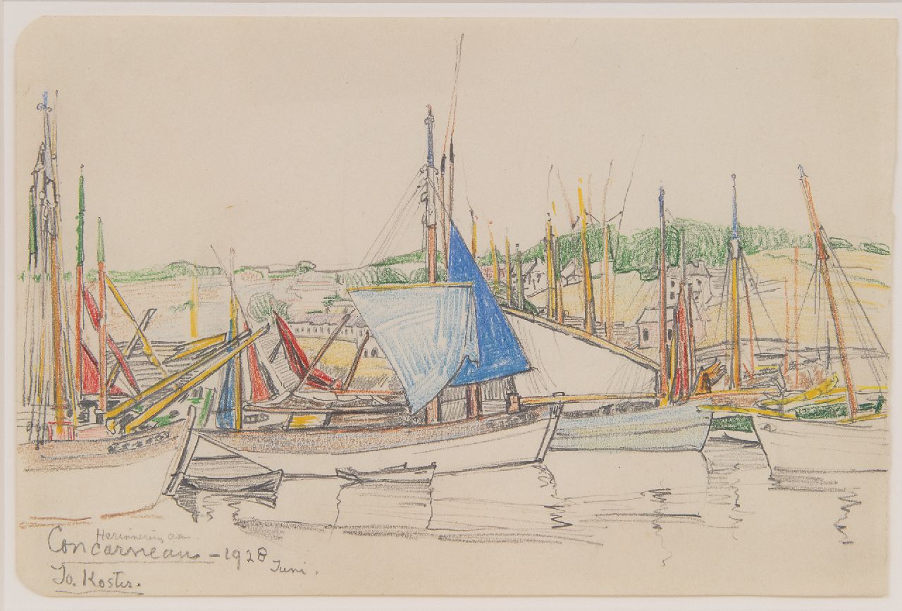 Jo Koster | Herinnering aan Concarneau, potlood en gekleurd krijt op papier, 17,0 x 25,5 cm, gesigneerd l.o. en gedateerd juni 1928