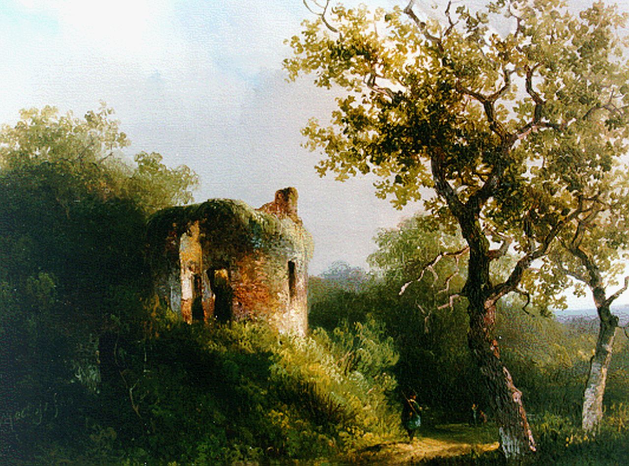 Roelofs W.  | Willem Roelofs, A ruin in a wooded landscape, oil on panel 19.6 x 24.7 cm, signed l.l. and dated 1940