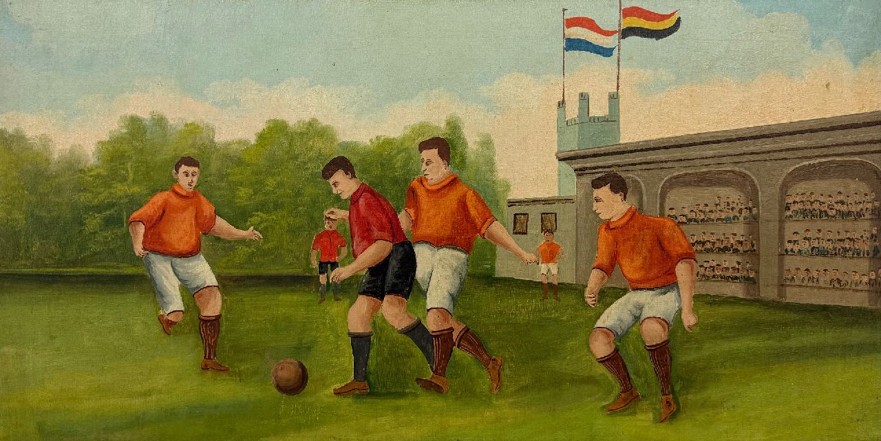 Hollandse School, begin 20e eeuw | Hollandse School, begin 20e eeuw | Schilderijen te koop aangeboden | Voetballers, olieverf op doek op schildersboard 44,5 x 88,0 cm, te dateren ca. 1930 Hollandse School, begin 20e eeuw | Hollandse School, begin 20e eeuw | Schilderijen te koop aangeboden | Voetballers, olieverf op doek op schildersboard 44,5 x 88,0 cm, te dateren ca. 1930