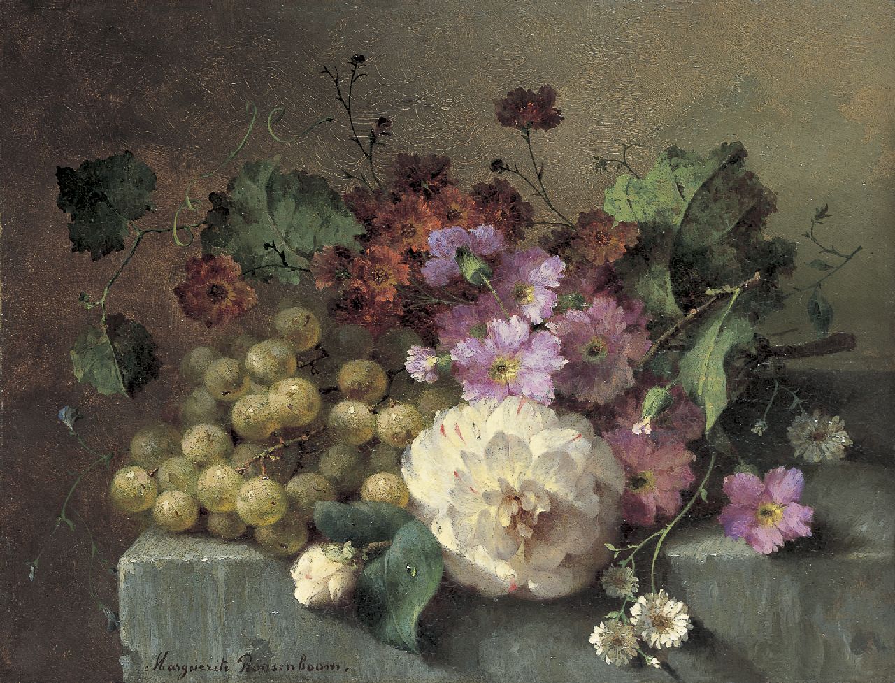 Roosenboom M.C.J.W.H.  | 'Margaretha' Cornelia Johanna Wilhelmina Henriëtta Roosenboom, Bloemen en druiven op een stenen plint, olieverf op paneel 26,0 x 33,9 cm, gesigneerd linksonder