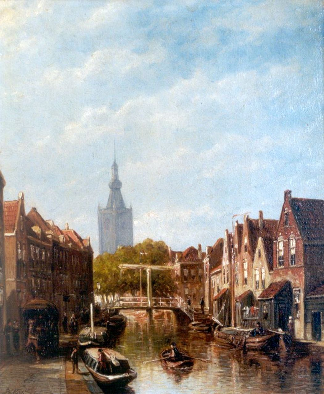 Vertin P.G.  | Petrus Gerardus Vertin, Gracht in Overschie met afgemeerde trekschuiten bij een ophaalbrug, olieverf op paneel 30,0 x 24,5 cm, gesigneerd linksonder en gedateerd '88