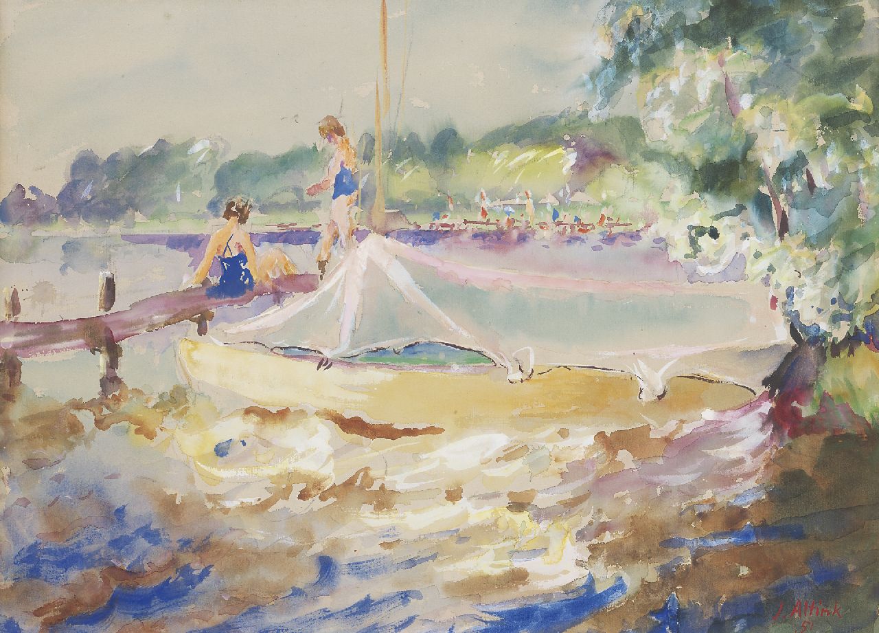 Altink J.  | Jan Altink, Swimming in the Paterswolde lake, gouache on paper 46.5 x 60.0 cm, signed l.r. and dated '51