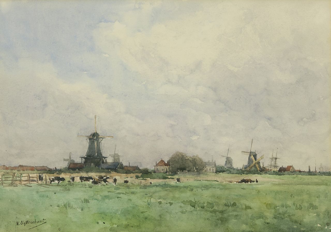 Uytterschaut V.  | Victor Uytterschaut | Watercolours and drawings offered for sale | Windmills in a Dutch polder landscape, pencil and watercolour on paper 32.0 x 47.0 cm, signed l.l.