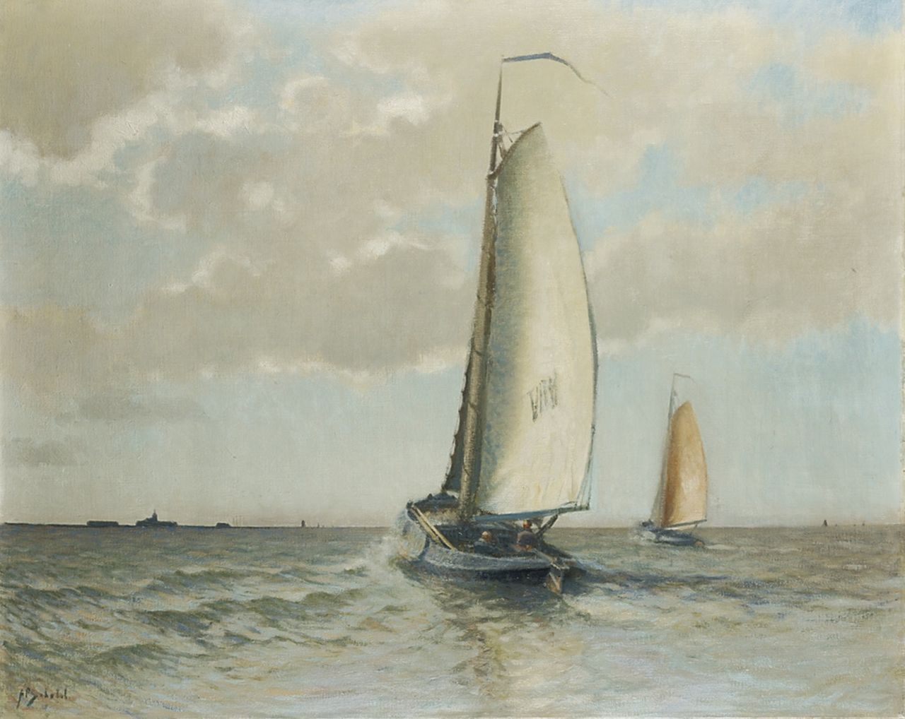 Schotel A.P.  | Anthonie Pieter Schotel, Volendamse botter op de Zuiderzee bij Marken, olieverf op doek 80,3 x 100,5 cm, gesigneerd linksonder