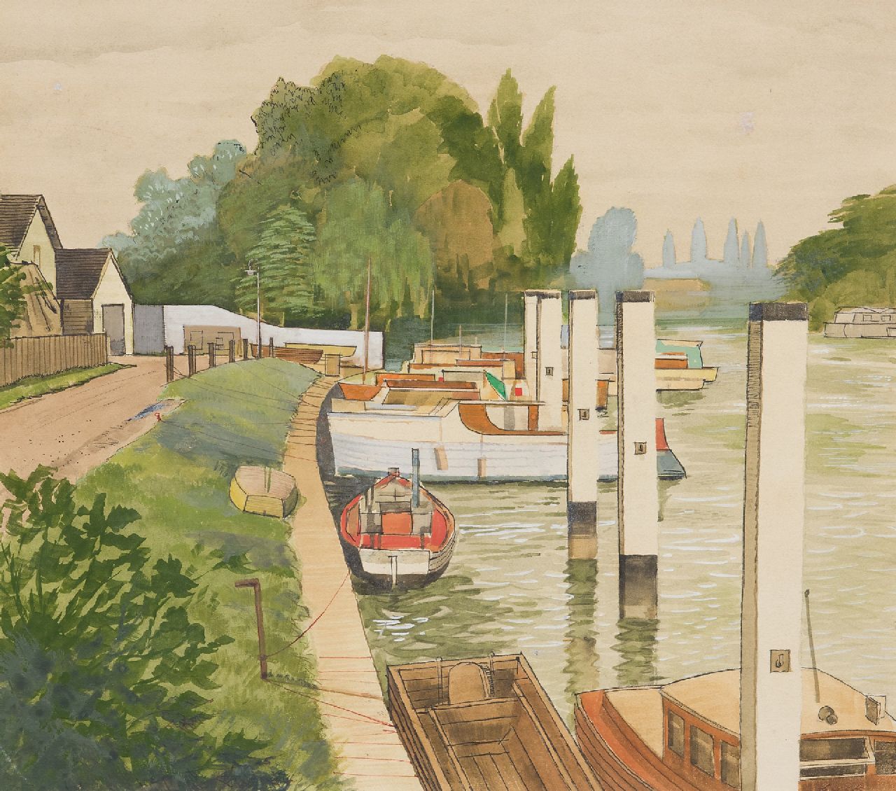Back R.T.  | Robert Trenaman Back | Watercolours and drawings offered for sale | The 'Shepperton Lock' in the river Thames, watercolour on board 35.4 x 39.9 cm, signed l.r.