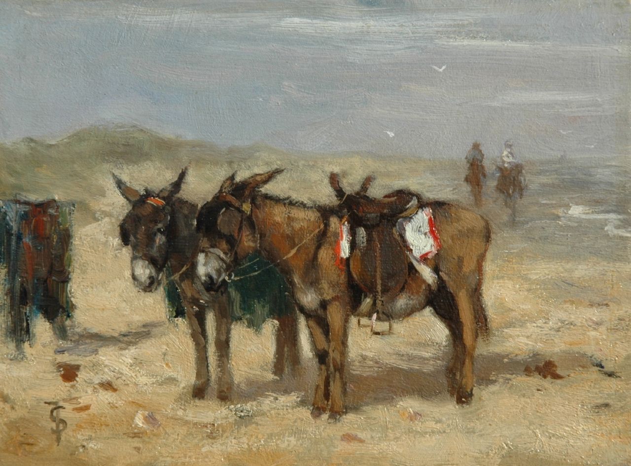 Scherrewitz J.F.C.  | Johan Frederik Cornelis Scherrewitz, Ezeltjes op het strand, olieverf op paneel 11,0 x 15,0 cm, gesigneerd linksonder met monogram