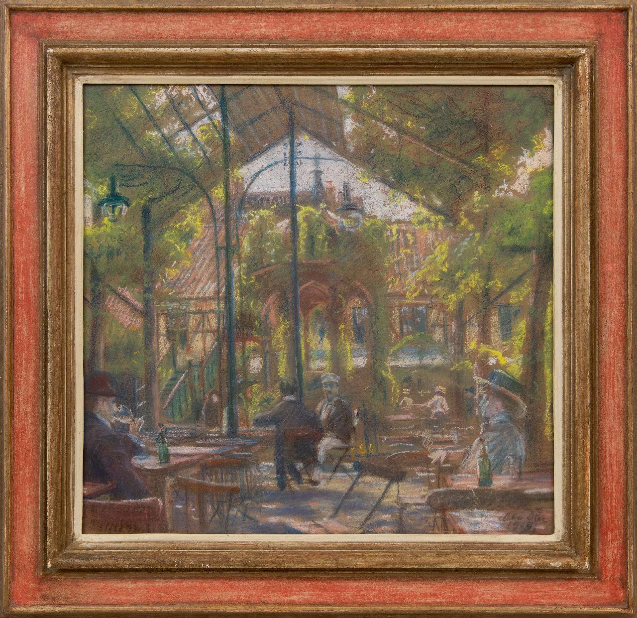 Due O.W.S.  | Ole Wolhardt Stampe Due | Aquarellen en tekeningen te koop aangeboden | Tuincafé in Kopenhagen, pastel op papier 49,3 x 55,0 cm, gesigneerd rechtsonder en gedateerd 1909