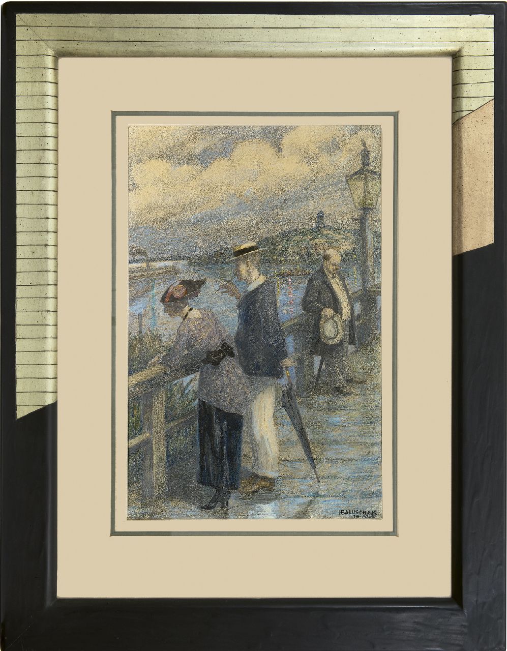 Baluschek H.  | Hans Baluschek, Couple on the bridge, chalk and gouache on paper 48.5 x 33.0 cm, signed l.r. and dated '14