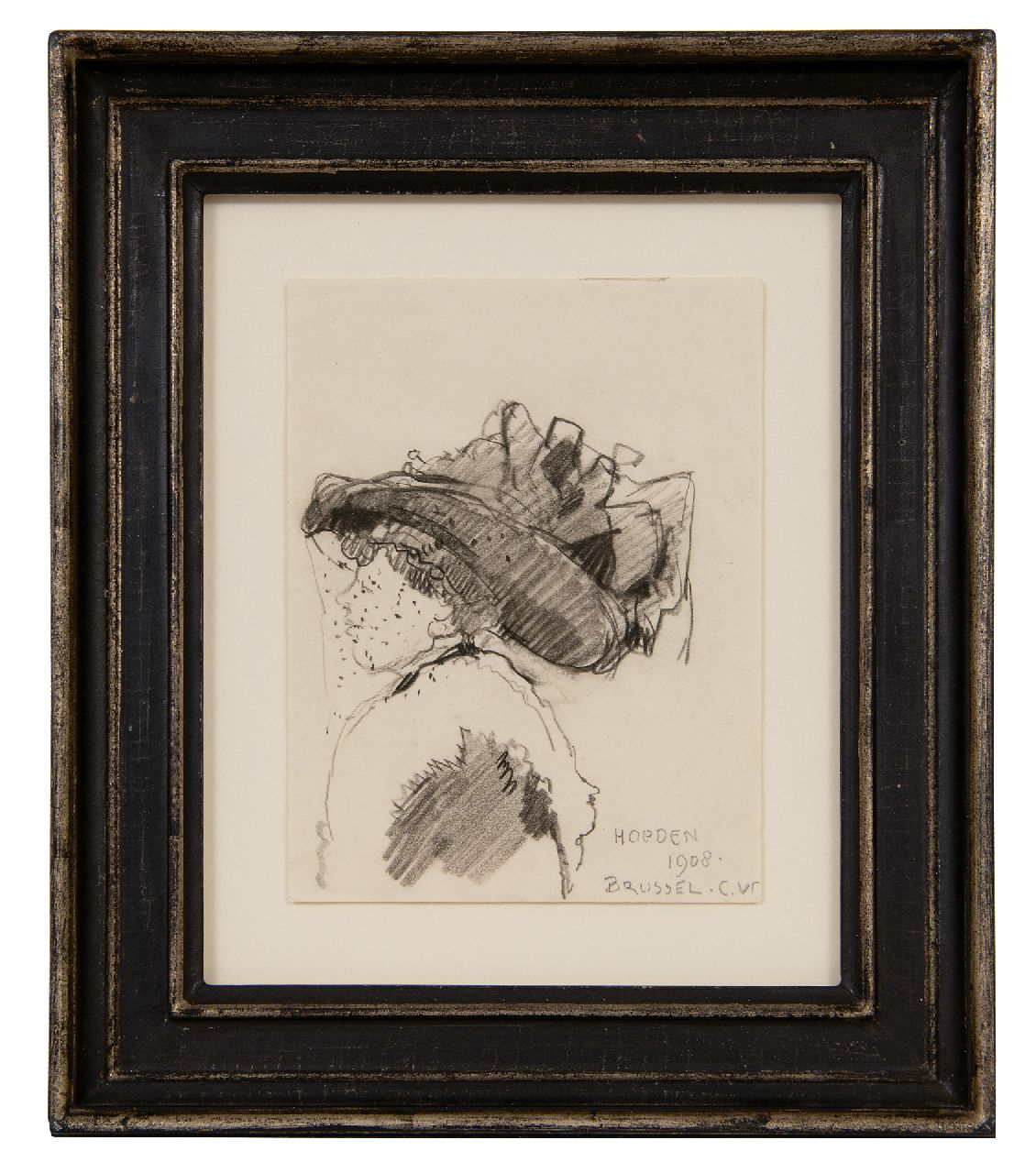 Vreedenburgh C.  | Cornelis Vreedenburgh | Watercolours and drawings offered for sale | The latest hat fashion in Brussels, 1908, black chalk on paper 13.2 x 10.2 cm, signed l.r. with initials and dated 1908