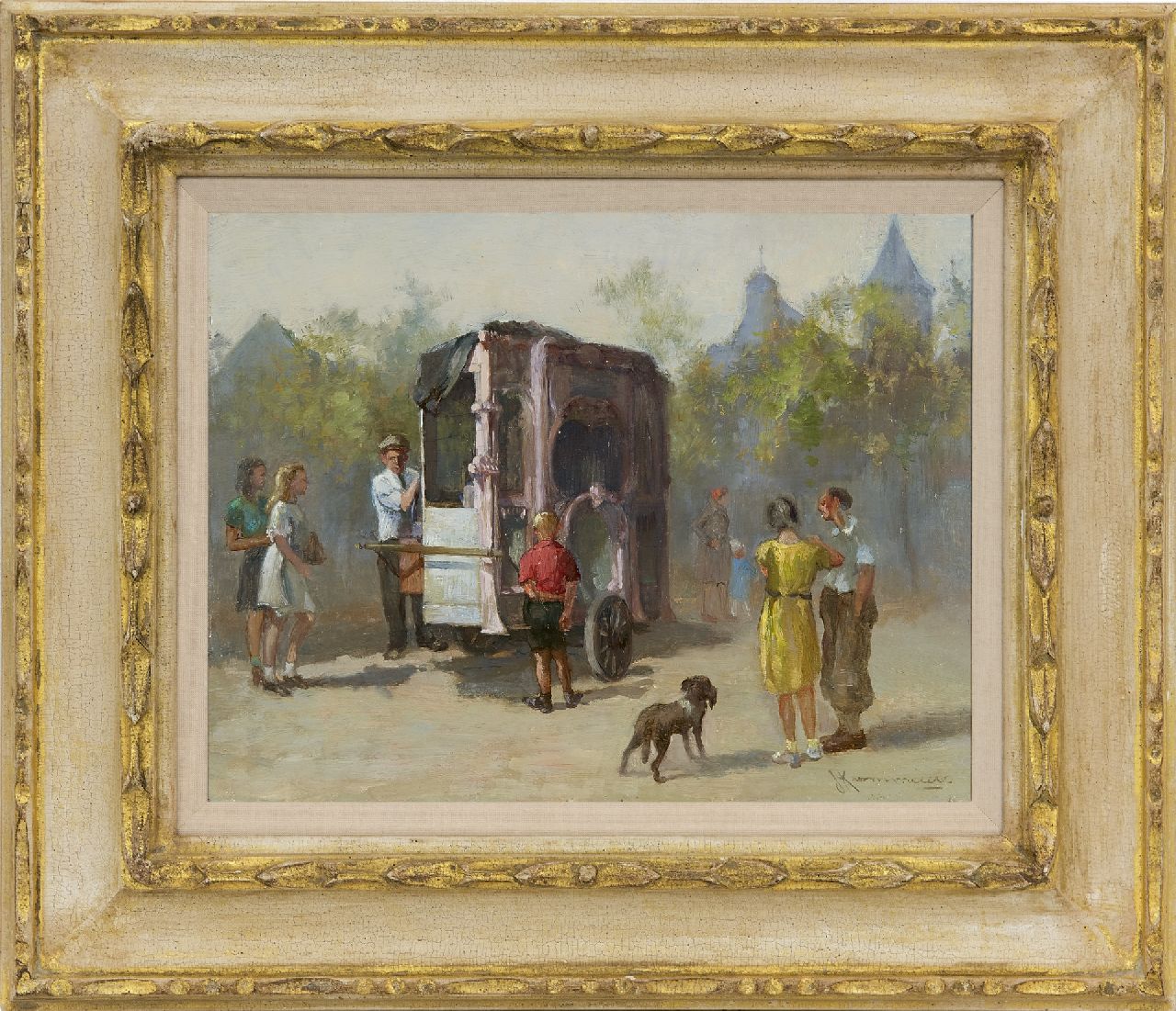 Kaemmerer J.H.  | Johan Hendrik Kaemmerer | Paintings offered for sale | The street organ, oil on panel 21.6 x 27.8 cm, signed l.r.