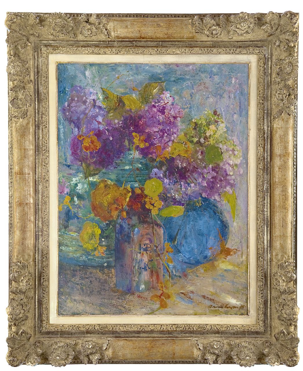 Verster van Wulverhorst (Floris Verster) F.H.  | Floris Hendrik Verster van Wulverhorst (Floris Verster), Flessen met Oost-Indische kers en hortensia's, olieverf op doek 73,7 x 56,5 cm, gesigneerd rechtsonder en gedateerd '94