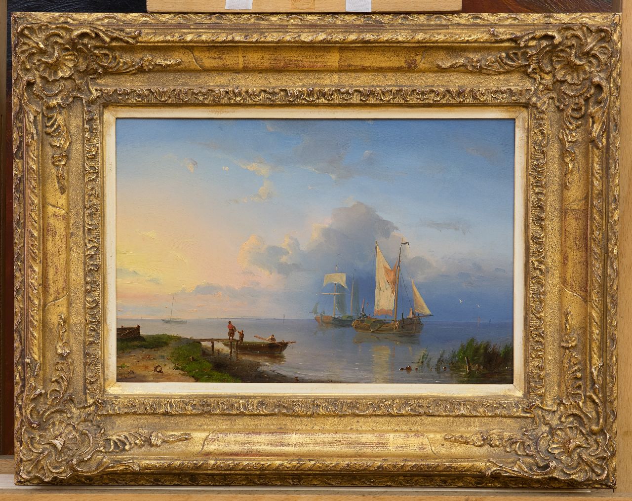 Dommershuijzen P.C.  | Pieter Cornelis Dommershuijzen | Paintings offered for sale | A river landscape with sailing vessels at sunrise, oil on panel 22.0 x 32.6 cm, signed l.l. with initials and dated '54, without frame