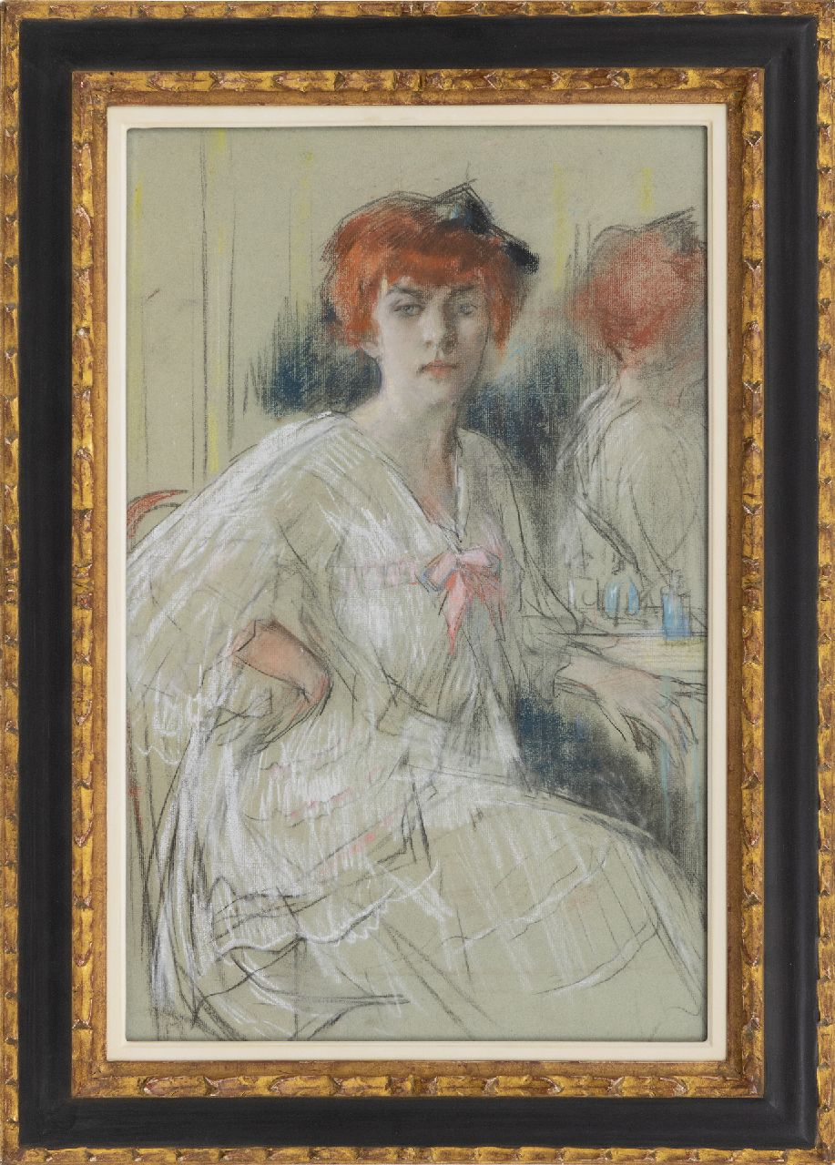 Garf S.  | Salomon Garf | Watercolours and drawings offered for sale | Young woman sitting at her dressing table, pastel on paper 59.9 x 38.5 cm