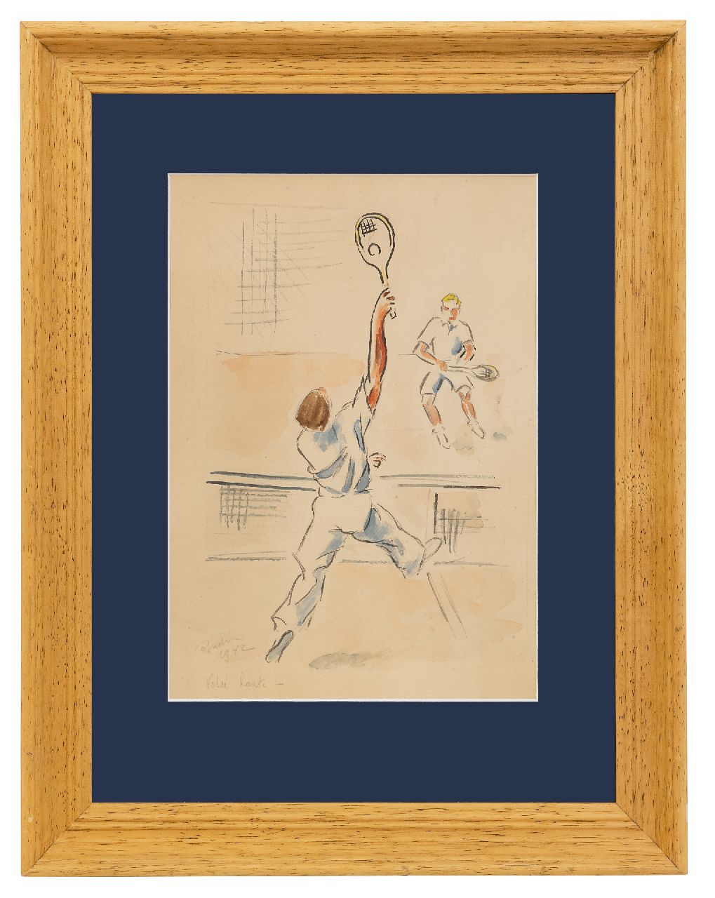 Franse School, 20e eeuw   | Franse School, 20e eeuw | Aquarellen en tekeningen te koop aangeboden | Tennisspelers, gemengde techniek op papier 27,5 x 19,5 cm, gesigneerd linksonder ('Ronde' vaag) en gedateerd 1942