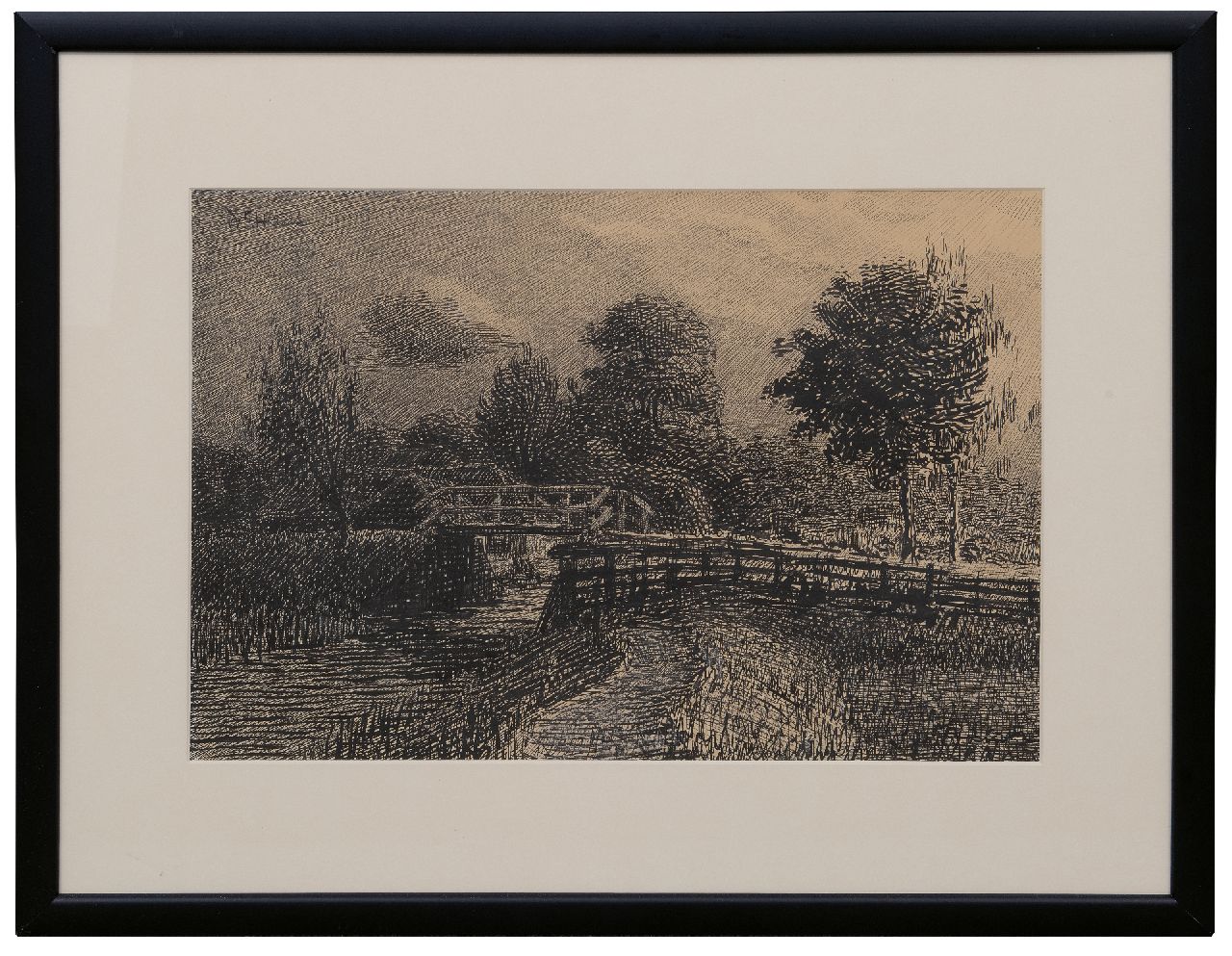 Haas W.F.  | Willem Frederik Haas | Aquarellen en tekeningen te koop aangeboden | Hollands landschap, pen en inkt op papier 35,9 x 49,6 cm, gesigneerd linksboven