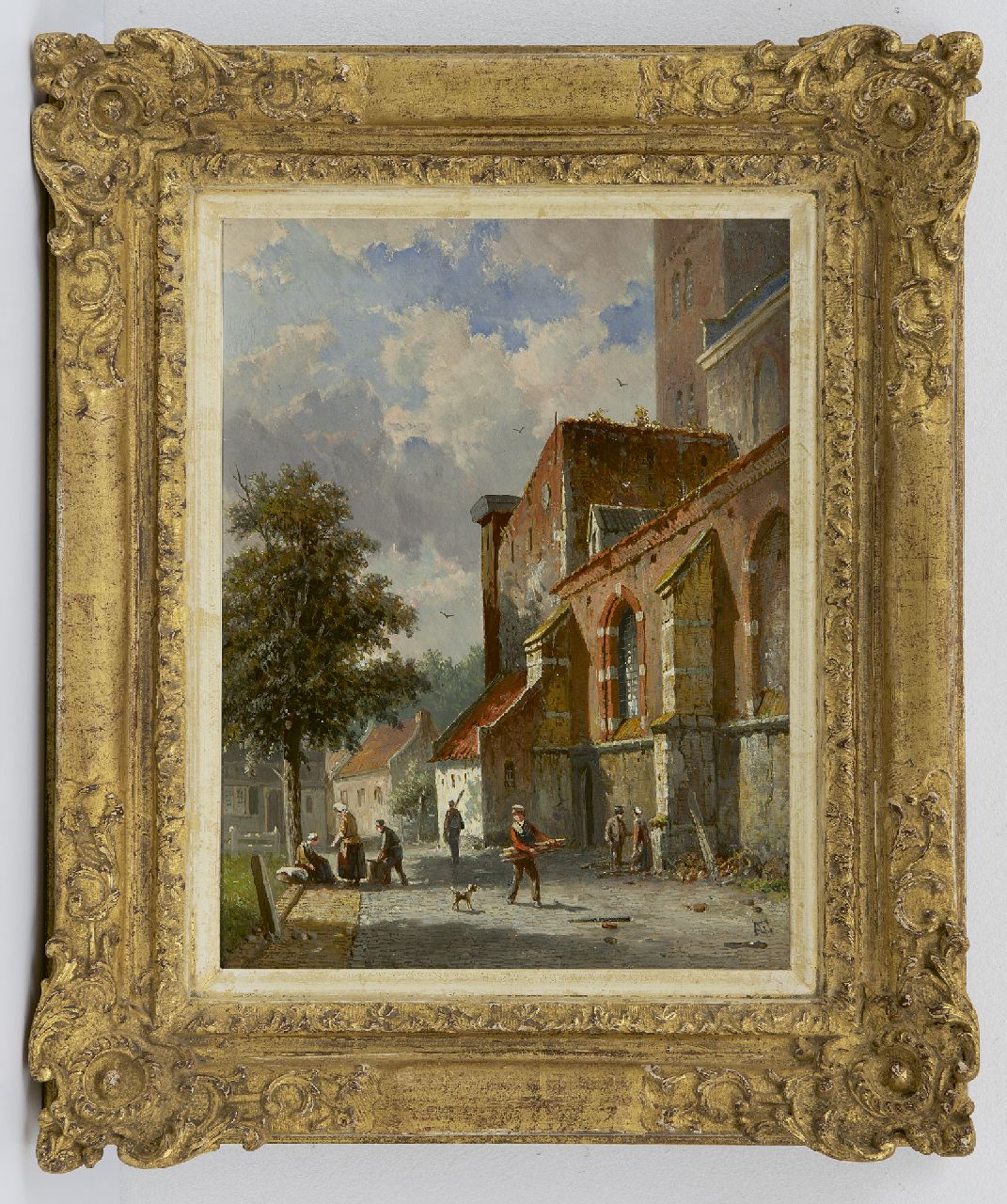 Eversen A.  | Adrianus Eversen, Zonnig straatje achter de kerk, olieverf op paneel 27,0 x 20,8 cm, gesigneerd rechtsonder met monogram