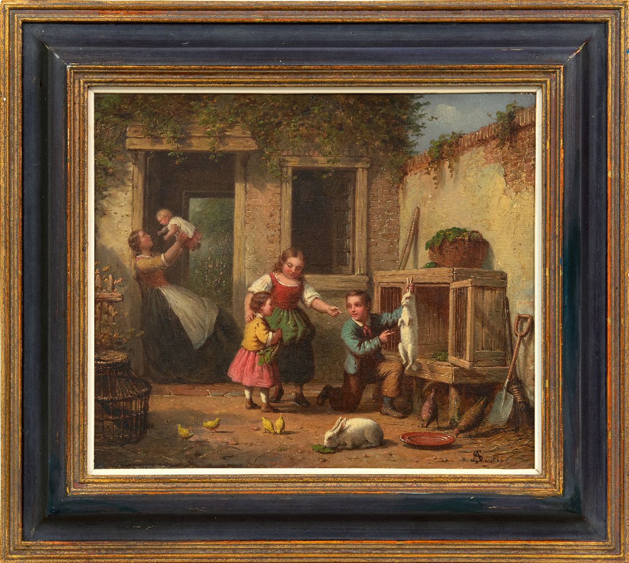 Scheerboom A.  | Andries Scheerboom | Schilderijen te koop aangeboden | Spelen met het konijn, olieverf op doek 25,8 x 30,8 cm, gesigneerd rechtsonder met monogram en gedateerd 1866