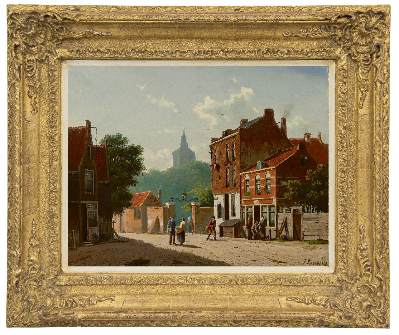 Roosdorp F.  | Frederik Roosdorp | Paintings offered for sale | A Dutch street scene with the tower of the Grote Kerk of The Hague, oil on panel 28.0 x 37.0 cm, signed l.r.
