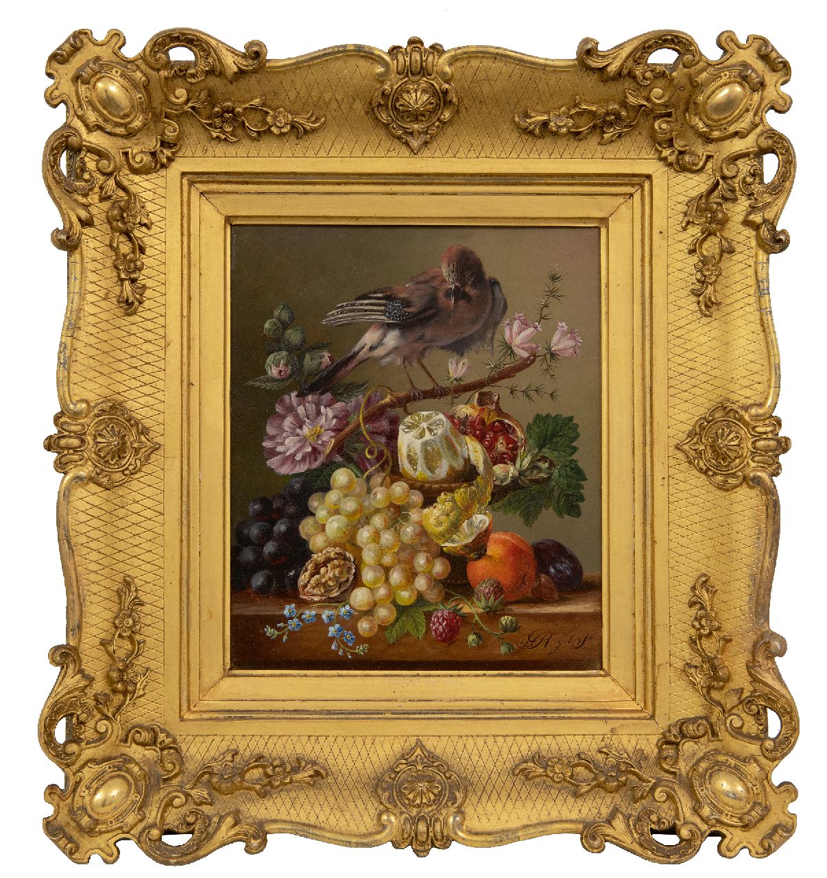 Onbekend   | Onbekend | Schilderijen te koop aangeboden | Stilleven met vruchten en Vlaamse Gaai op een tak, olieverf op paneel 21,5 x 18,0 cm, gesigneerd rechtsonder 'H R geboren S'