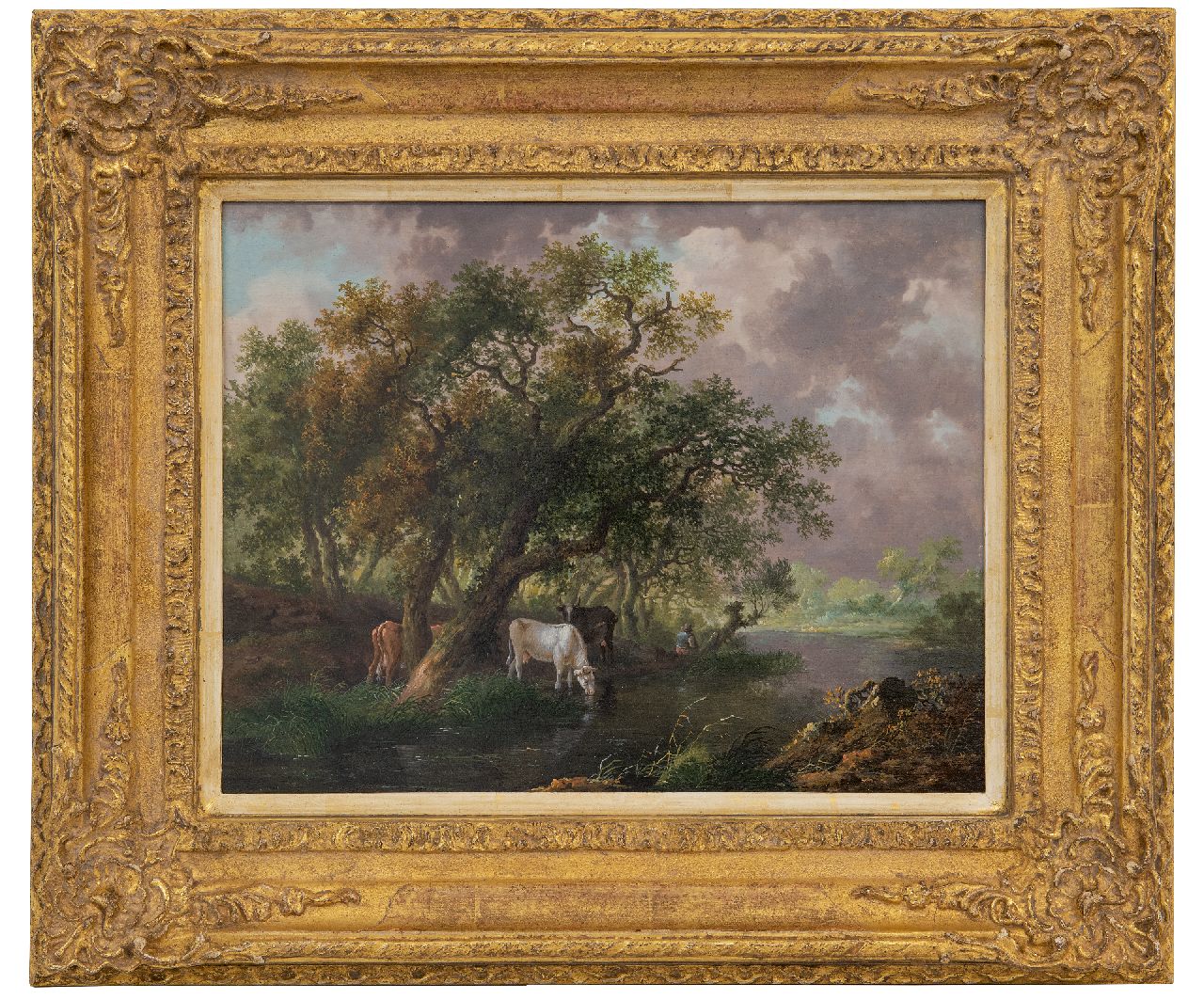 Renard F.T.  | Fredericus Theodorus Renard | Paintings offered for sale | Cattle watering by a wooded river, oil on panel 26.5 x 34.3 cm, signed (vague) on a label on the reverse and painted ca. 1815, without frame