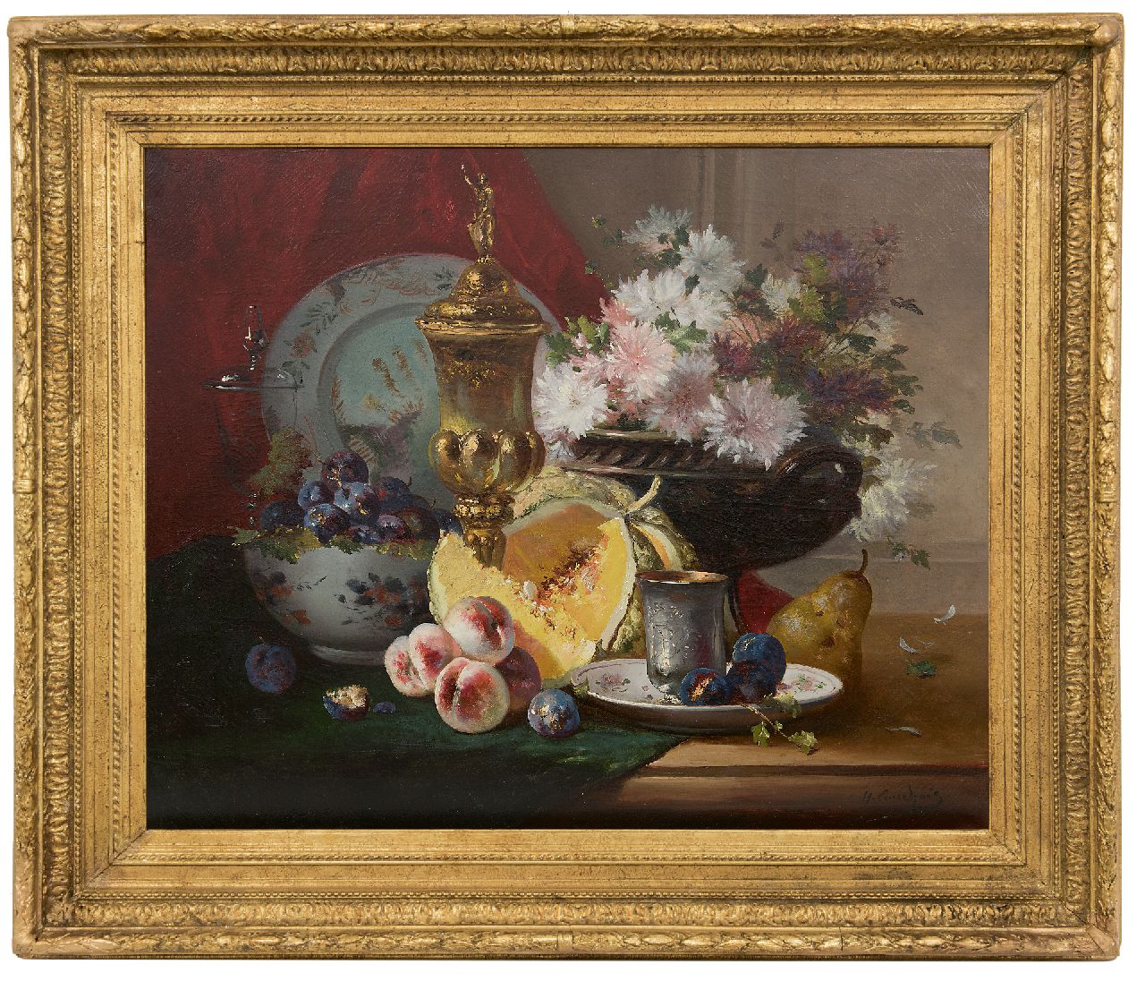 Cauchois E.H.  | Eugène-Henri Cauchois | Schilderijen te koop aangeboden | Stilleven met vaatwerk, bloemen en fruit, olieverf op doek 63,4 x 77,3 cm, gesigneerd rechtsonder