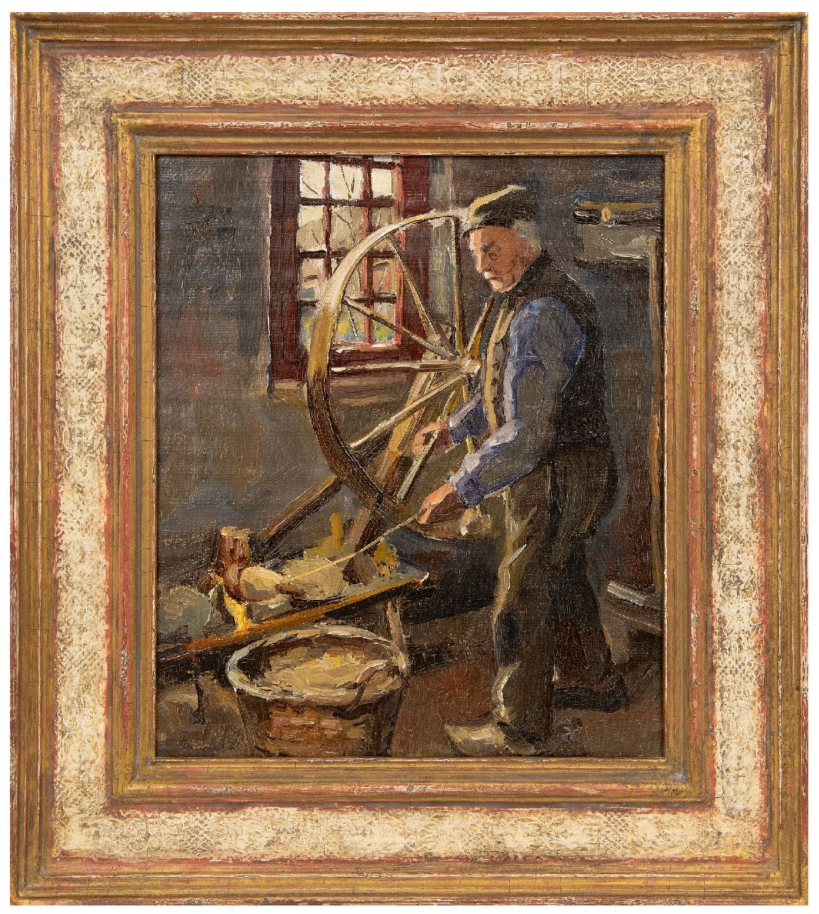 Mondriaan P.C.  | Pieter Cornelis 'Piet' Mondriaan | Schilderijen te koop aangeboden | Interieur met wol spinnende boer, olieverf op doek 34,0 x 28,0 cm, te dateren 1893-97