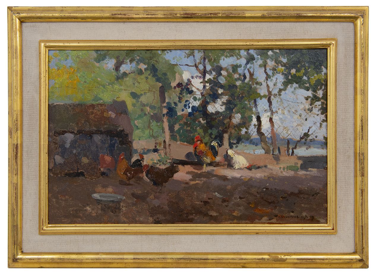 Vreedenburgh C.  | Cornelis Vreedenburgh | Schilderijen te koop aangeboden | Kippen bij een schuurtje, olieverf op board 30,2 x 48,8 cm, gesigneerd rechtsonder en gedateerd '09, zonder lijst