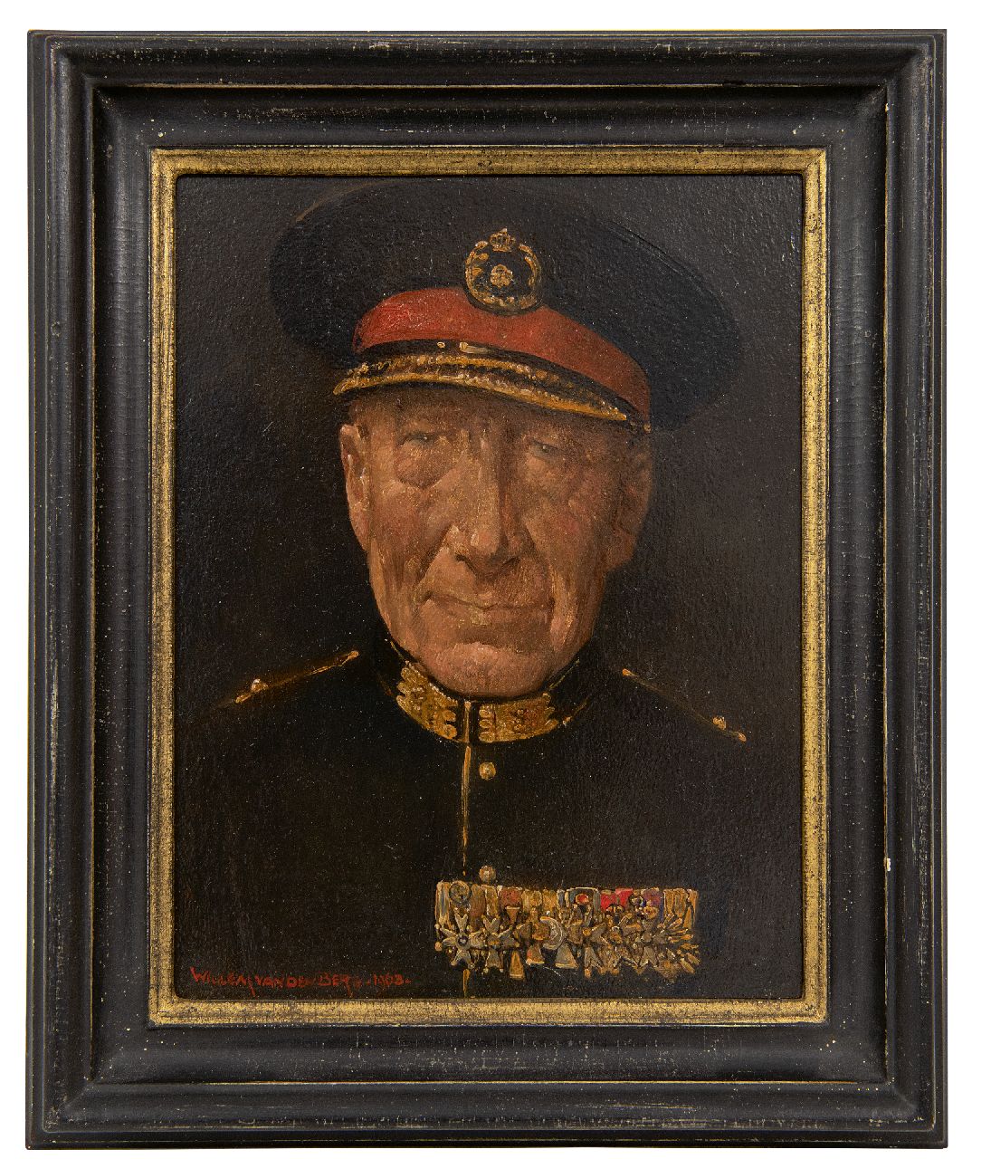 Berg W.H. van den | 'Willem' Hendrik van den Berg | Schilderijen te koop aangeboden | Portret van generaal Coenraad Lodewijk Walther Boer, olieverf op board 20,8 x 16,0 cm, gesigneerd linksonder en gedateerd 1963