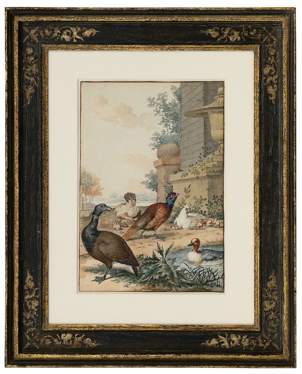 Heenck J.  | Jabez Heenck | Watercolours and drawings offered for sale | A pochard and other birds in a landscape, watercolour on paper 26.5 x 18.1 cm, signed c.r. with monogram and dated 1776